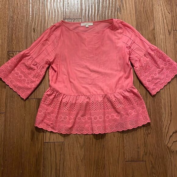 Loft coral eyelet peplum blouse size small - Picture 2 of 7